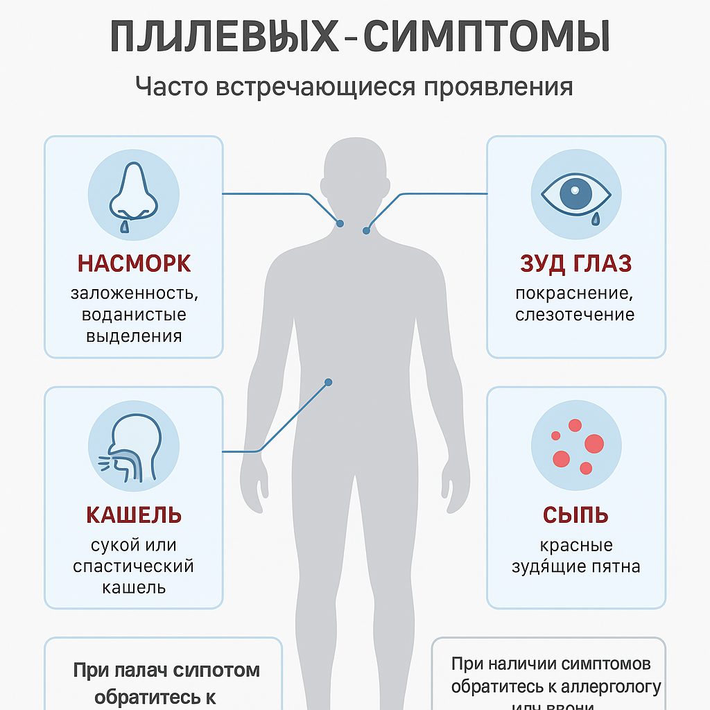 Инфографика: симптомы аллергии на пылевых клещей — насморк, заложенность, чихание, кашель, зуд глаз и кожи, дерматит, астма