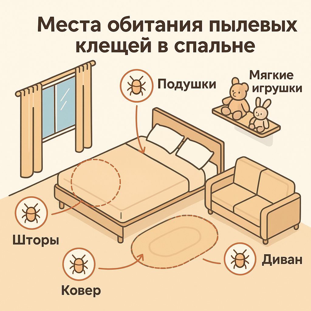 Основные места обитания пылевых клещей: матрас, подушки, мягкая мебель, ковровые покрытия, шторы, мягкие игрушки