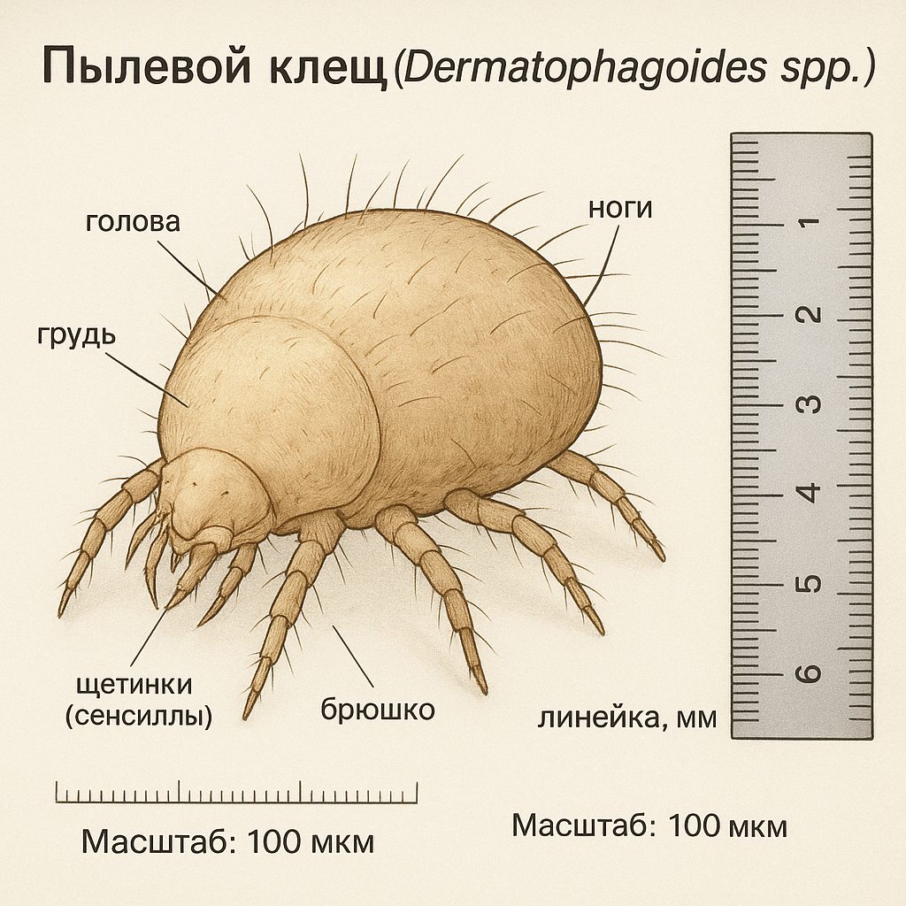 Пылевой клещ под микроскопом рядом с масштабной линейкой
