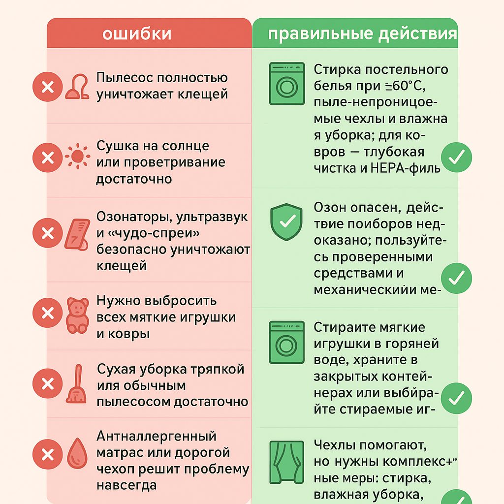 Инфографика: частые ошибки и мифы в борьбе с пылевыми клещами