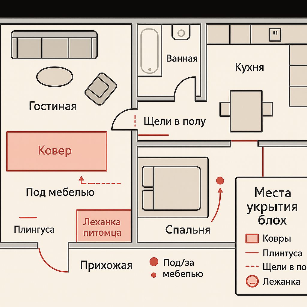 Карта квартиры с местами укрытий блох: ковры, плинтуса, мебель, щели пола