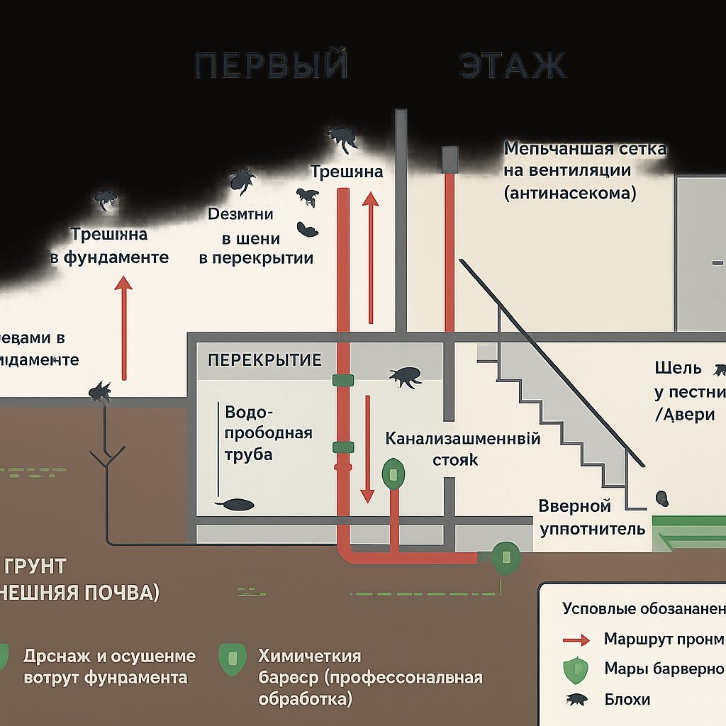 Схема проникновения подвальных блох на первый этаж и меры барьерной защиты