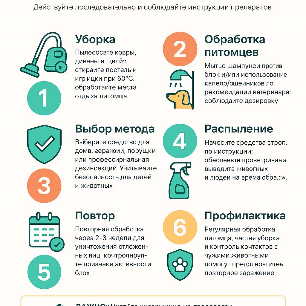 Чек‑лист: подготовка, обработка, повторная обработка и профилактика для уничтожения блох в квартире
