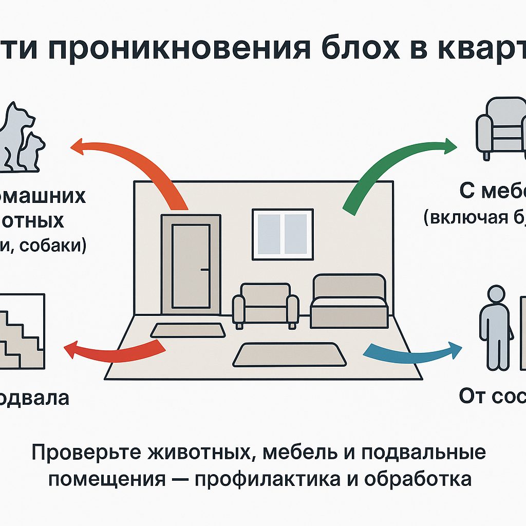 Схема путей проникновения блох в дом: от животных, из подвала и чердака, от соседей, с улицы на одежде