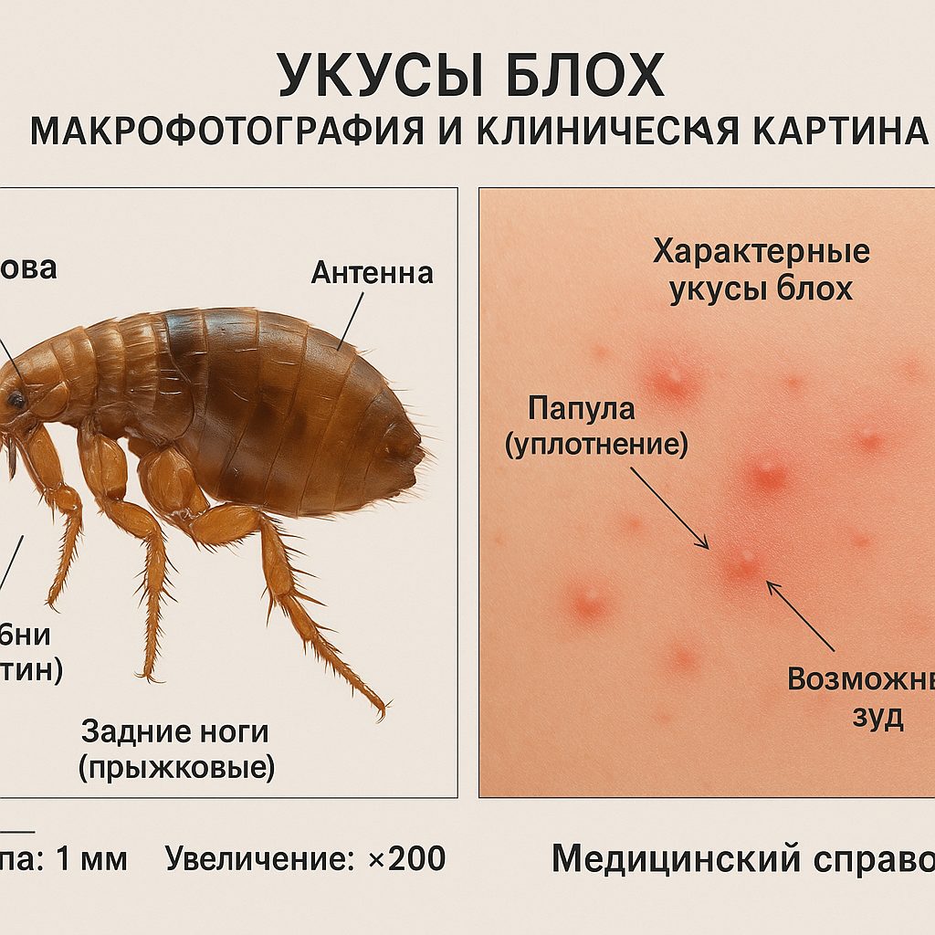 Блоха крупным планом и характерные укусы блох на коже человека
