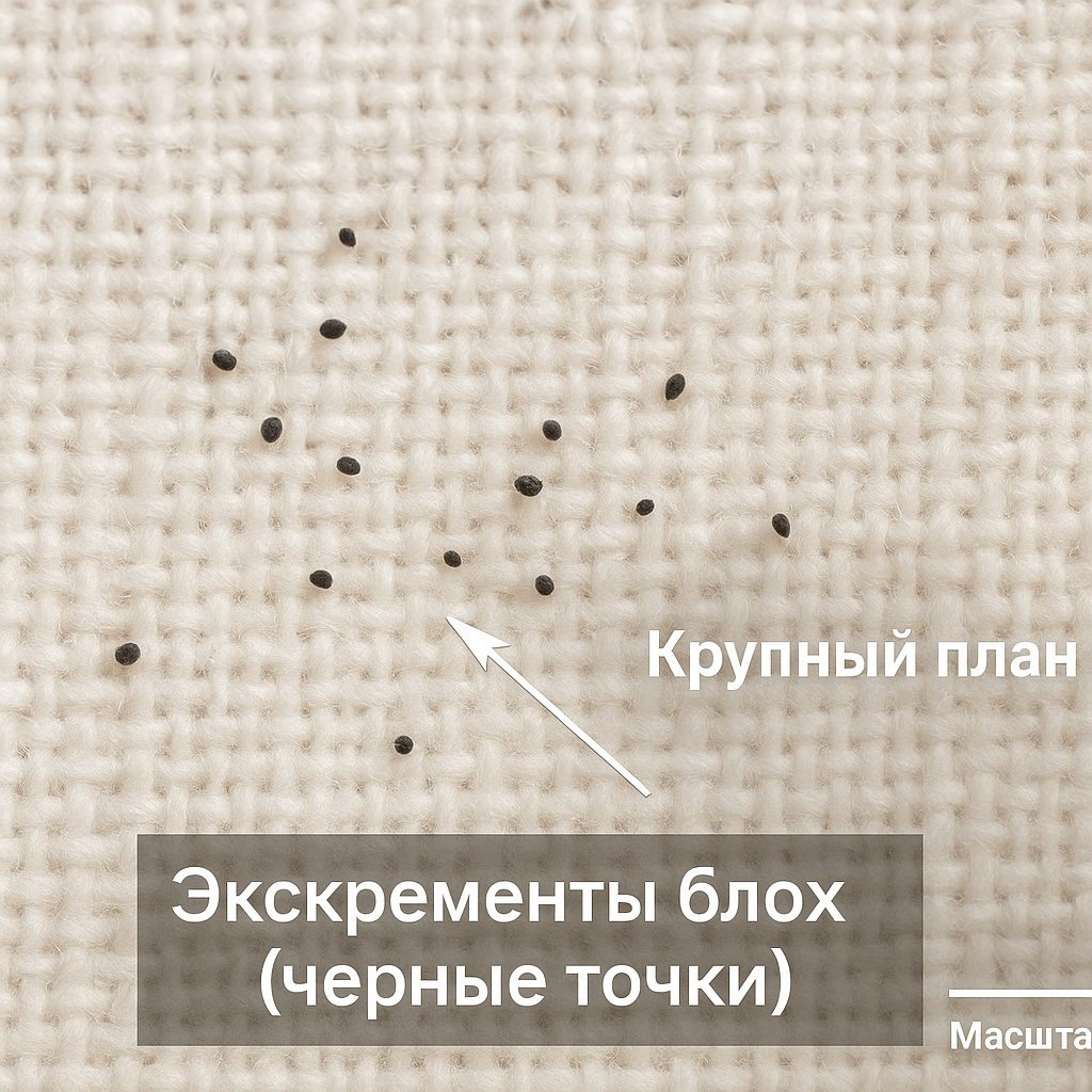 Экскременты блох на ткани как мелкие черные точки — характерный признак заражения