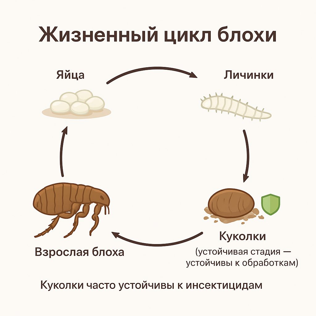 Инфографика жизненного цикла блохи: яйца, личинки, куколки и взрослые; почему нужна повторная обработка